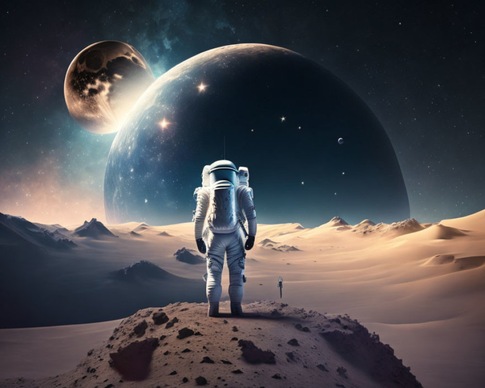 Two astronauts on barren alien landscape with massive planets in sky