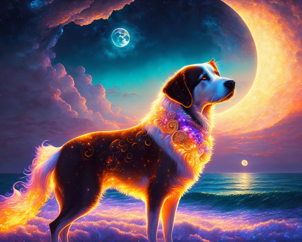 Colorful digital artwork: Dog with cosmic pattern on body against surreal ocean backdrop.