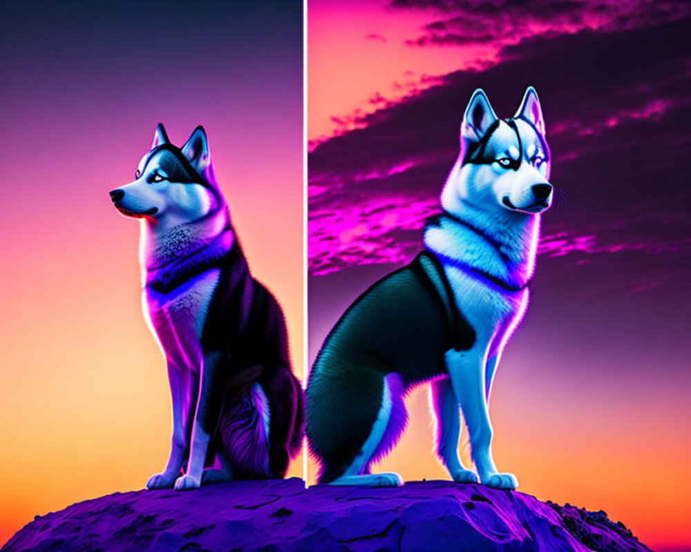 Husky on Rock with Vibrant Sunset Sky