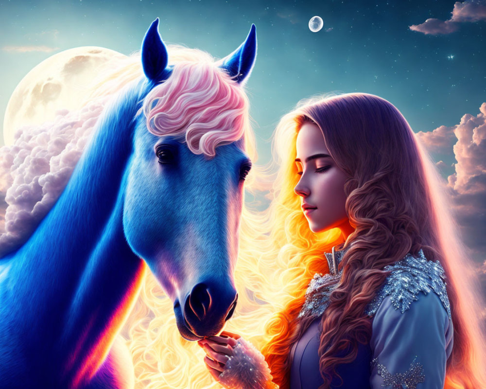 Blonde woman in blue outfit with majestic blue horse under twilight sky