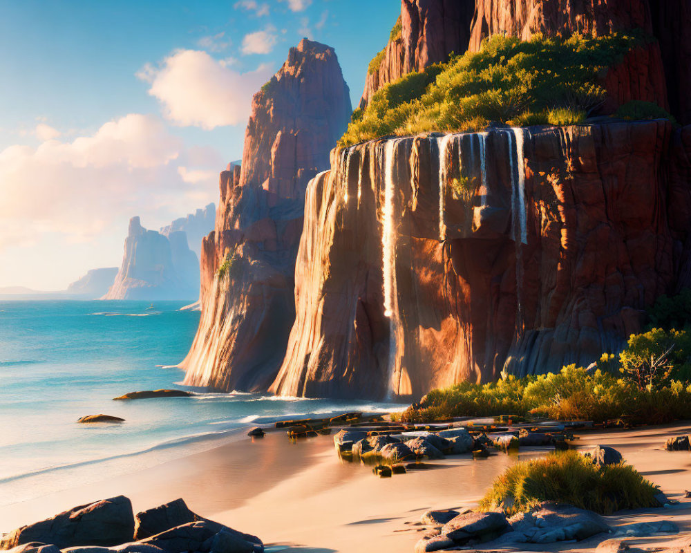 Tranquil beach scene with majestic waterfall and lush cliffs