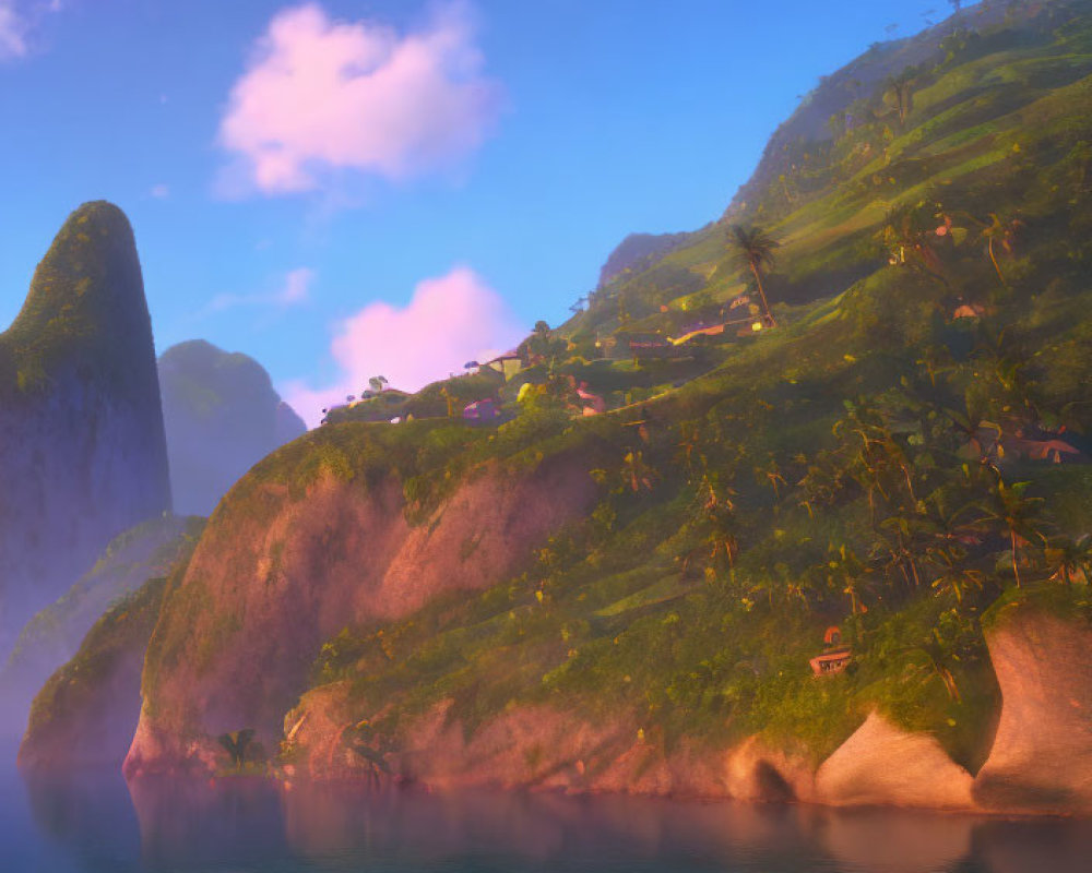 Glowing sunset over lush coastal landscape