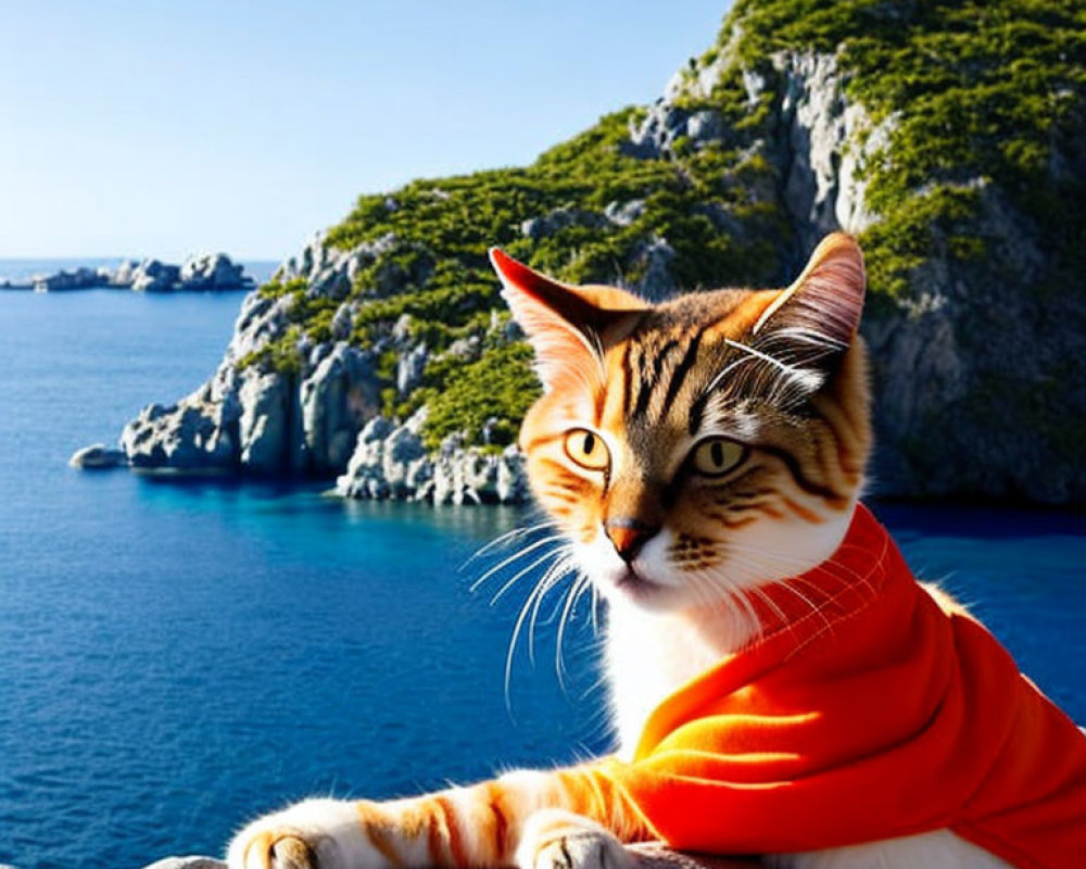 Tabby cat wearing orange scarf on ledge by blue sea & cliffs