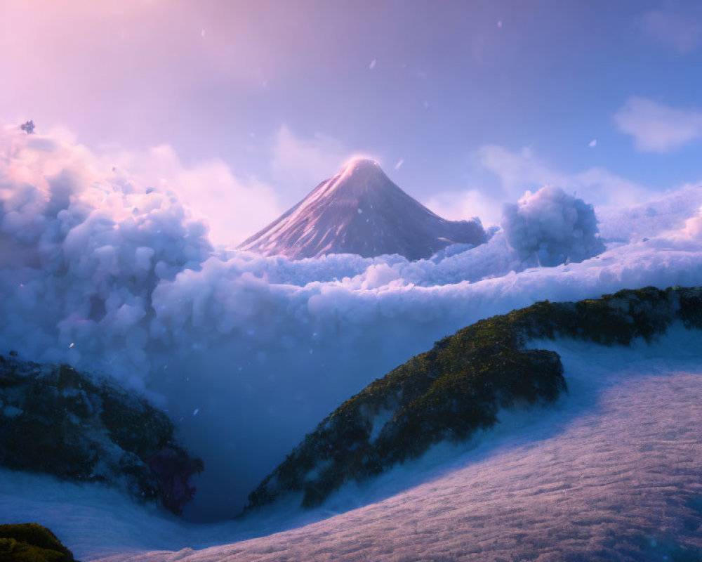 Twilight mountain peak above sea of clouds with pink sky