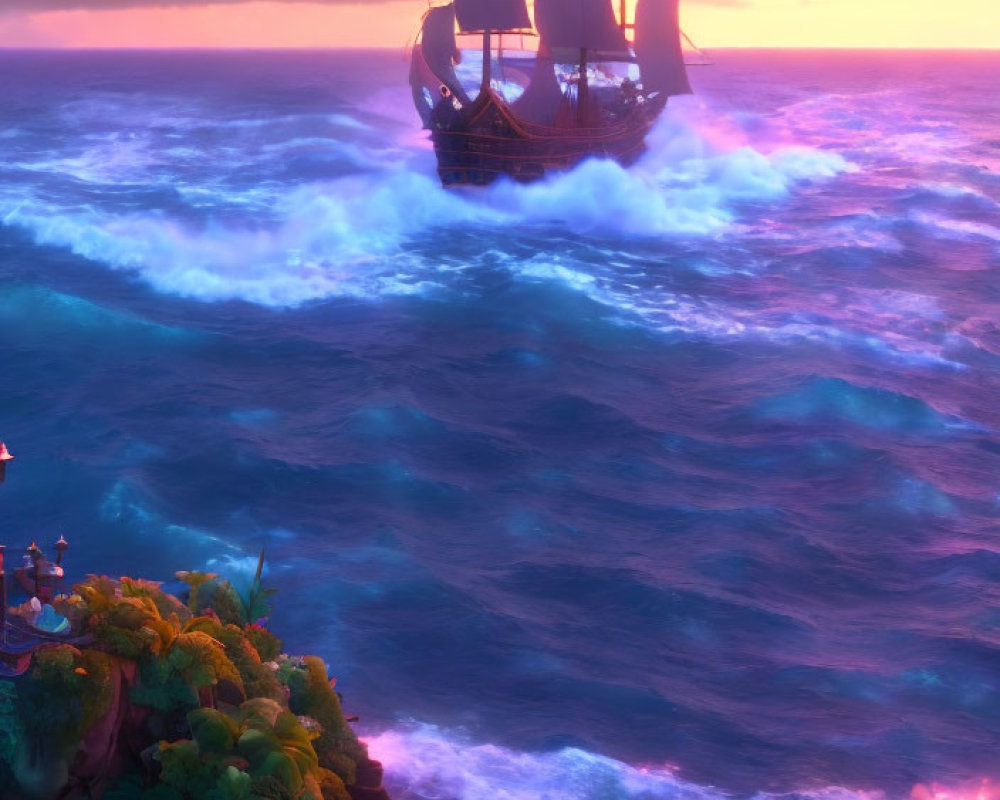 Tall ship sailing on vibrant ocean at sunset with colorful skies and lush tropical island.