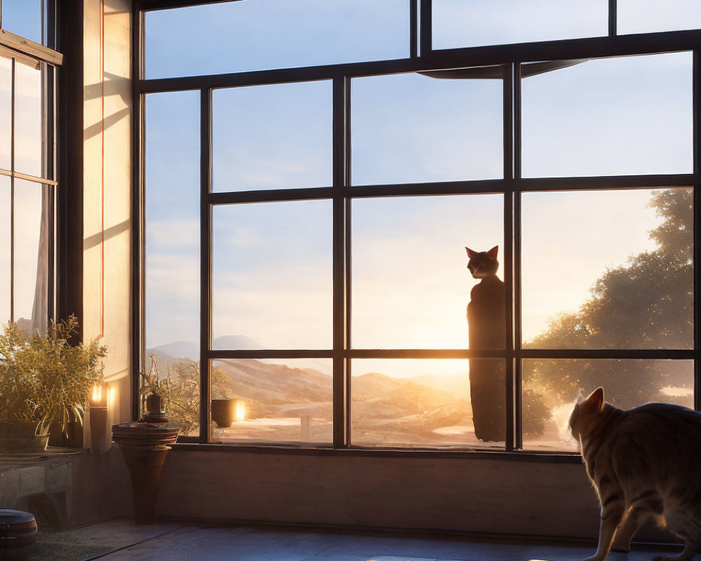 Silhouetted Cat by Sunset Window with Another Cat in Room