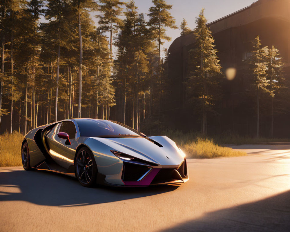 Sleek sports car on forest road at sunset with modern building in background