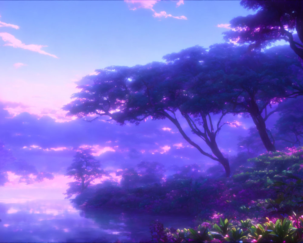 Purple Landscape with Trees, Reflective Water, Sunrise or Sunset