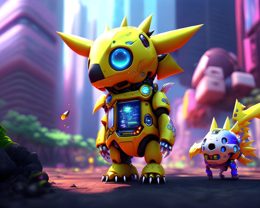 Colorful illustration: Large yellow robot with spikes and smaller version in neon-lit city.