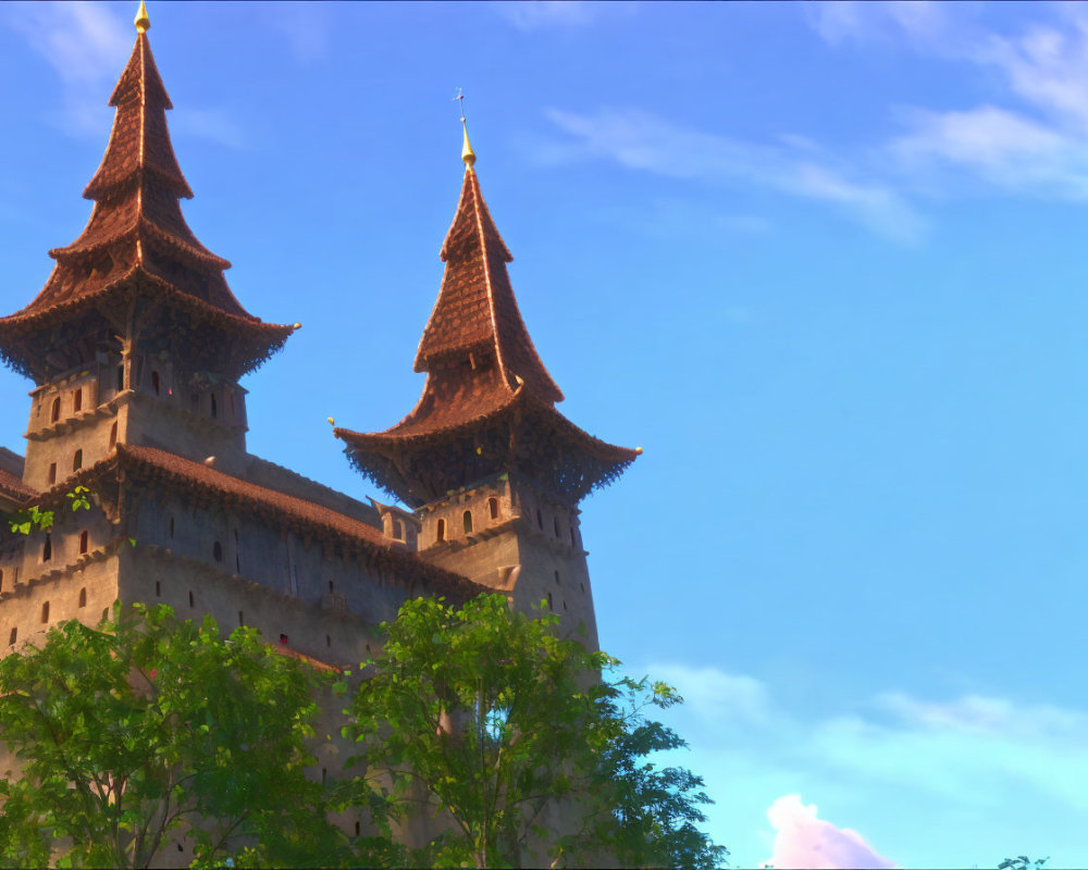 Enchanting castle with tall towers and pointed roofs against clear blue sky