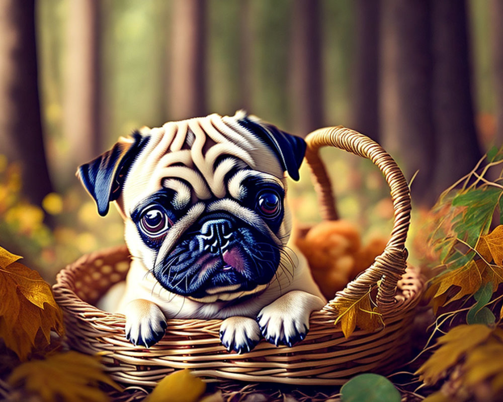 Pug in wicker basket surrounded by autumn leaves in forest setting