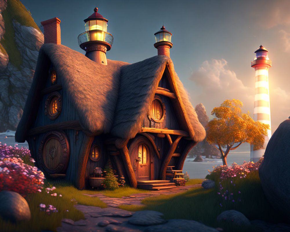 Thatched Roof Cottage and Lighthouse in Serene Dusk Seascape