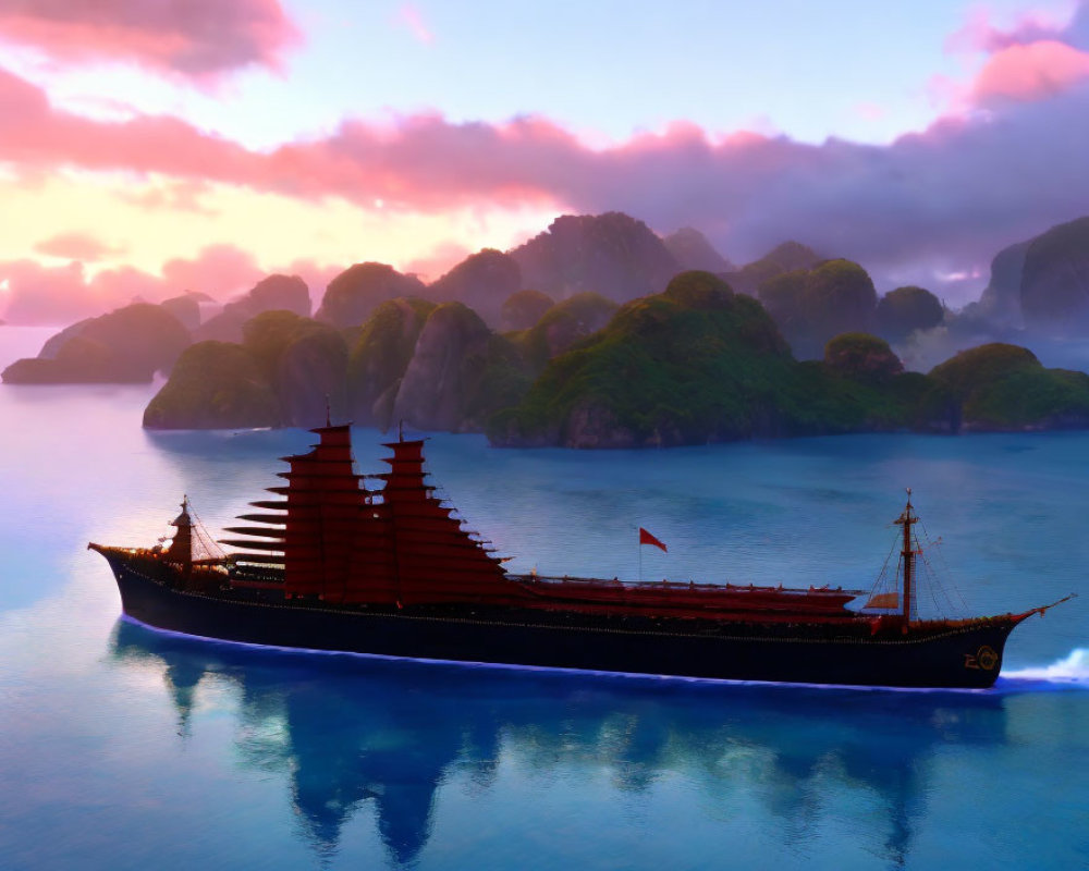Traditional Red-Sailed Ship Sailing on Calm Blue Waters at Sunrise or Sunset
