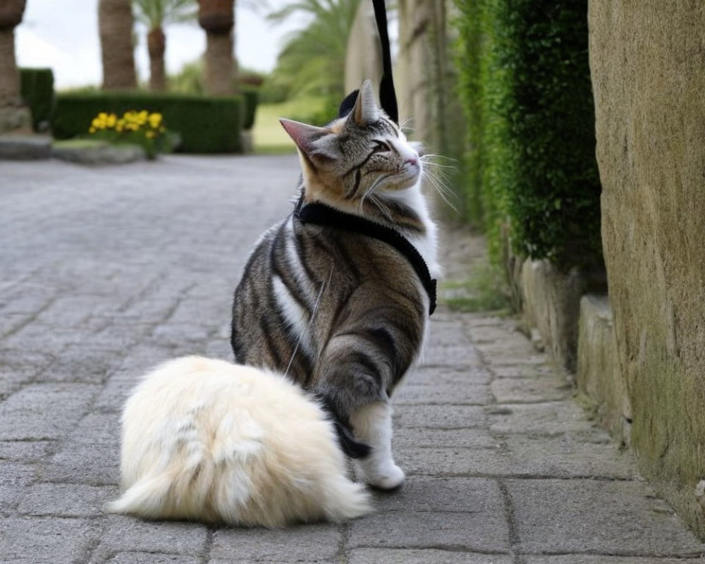 Tabby Cat on Leash Sitting on Paved Path with Fluffy Tail and Greenery