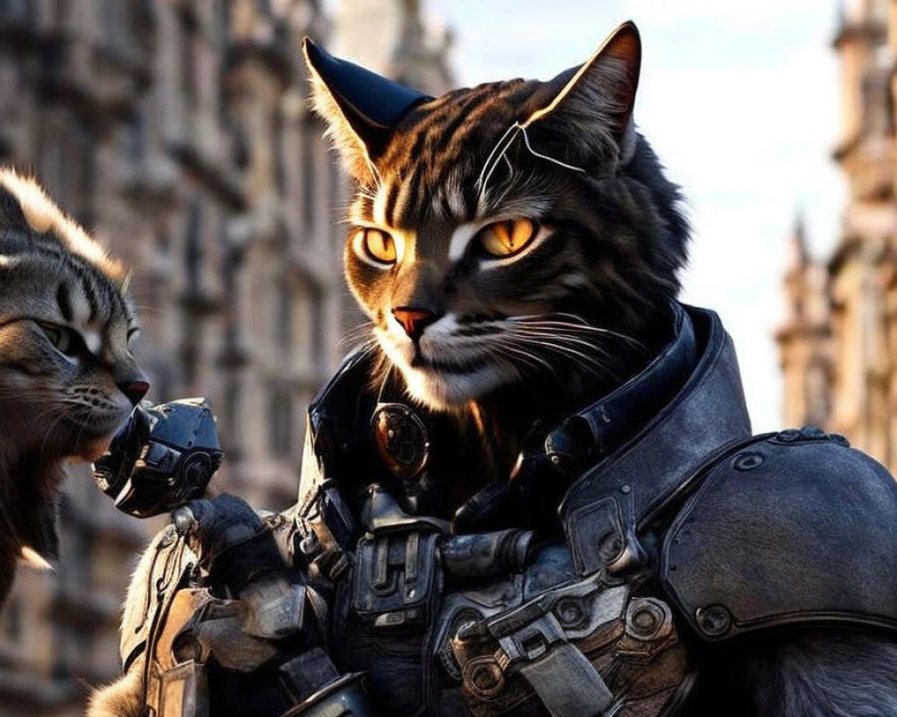 Two anthropomorphic cats in armor with orange eyes against a gothic backdrop.