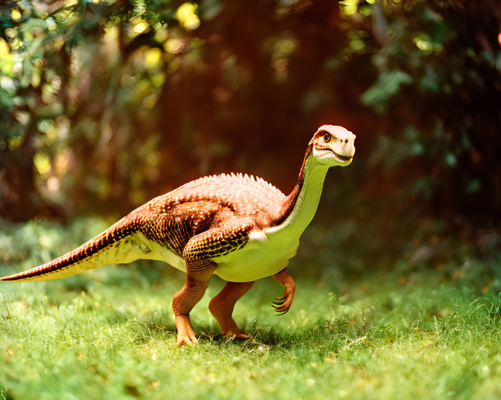 Realistic bipedal dinosaur model in lush green garden with detailed skin textures.