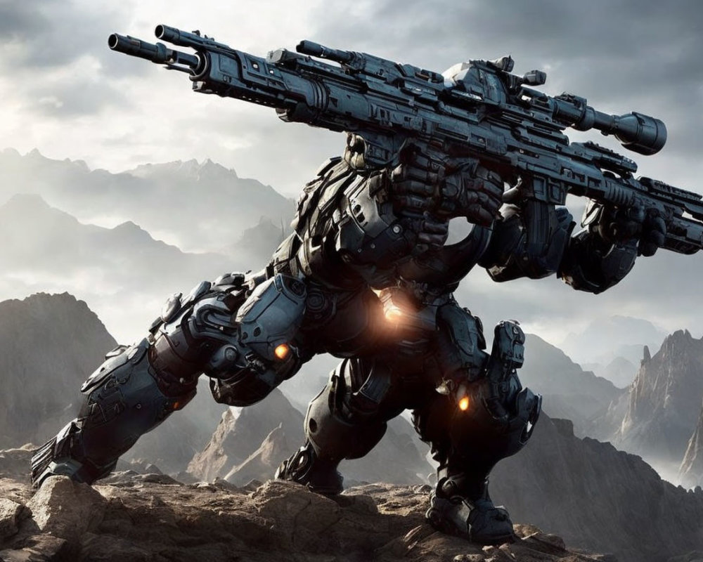 Giant armored mech with gun on rocky terrain and mountains.