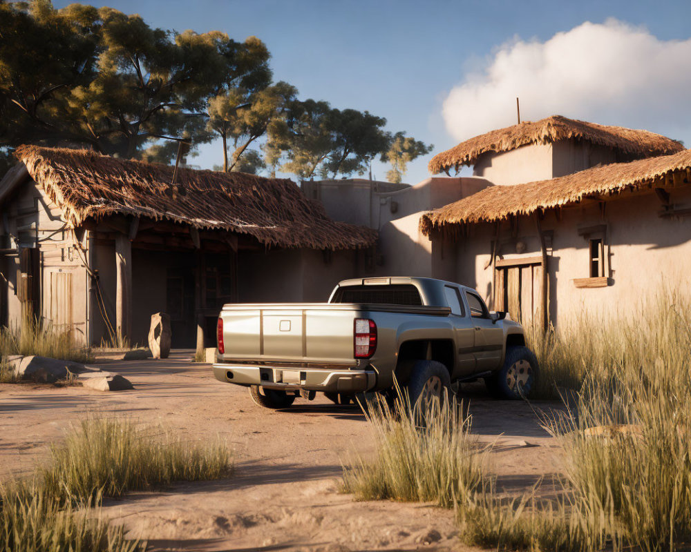 Thatched-Roof Adobe Houses with Pickup Truck in Serene Setting
