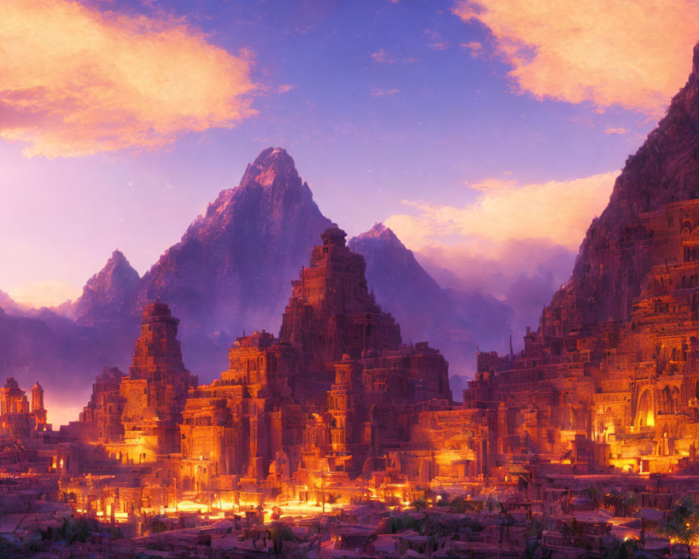Fantasy cityscape at sunset with illuminated mountain buildings under vibrant sky