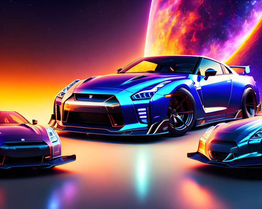 Three sleek sports cars under a cosmic sky with neon lights and shooting star