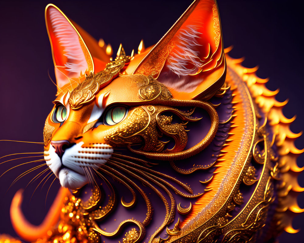Golden cat digital artwork with green eyes and fiery mane on purple background
