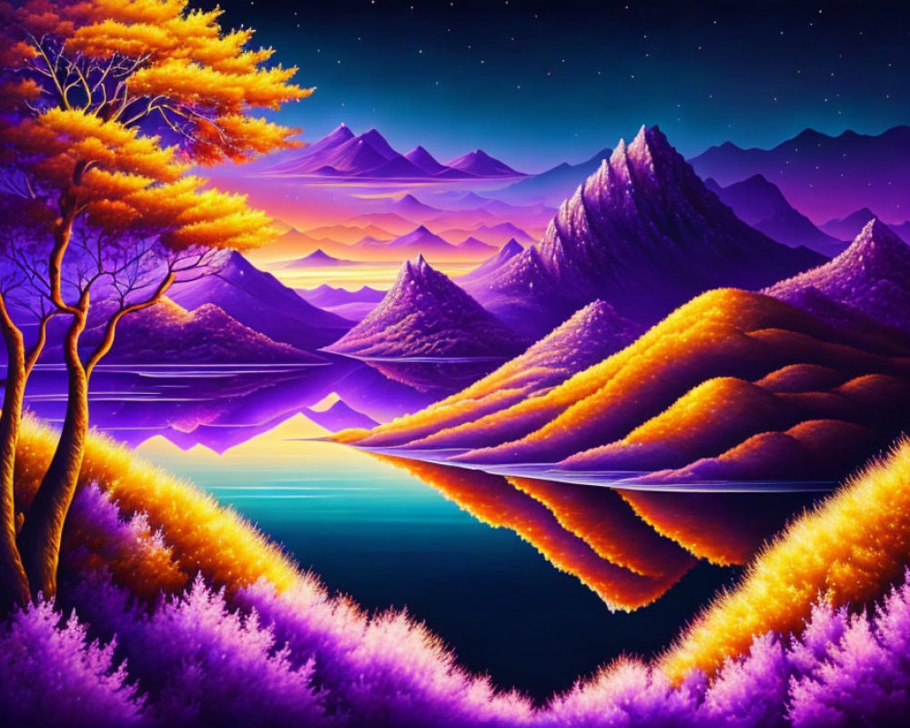 Colorful surreal landscape with vibrant trees, purple waters, and starry night sky.