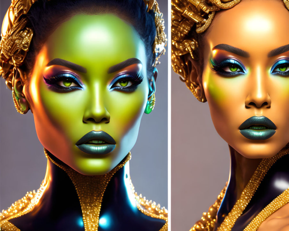 Vibrant woman with artistic makeup and regal headpiece in colorful images