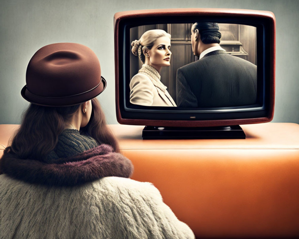 Woman in hat and scarf watching vintage TV with retro-styled scene