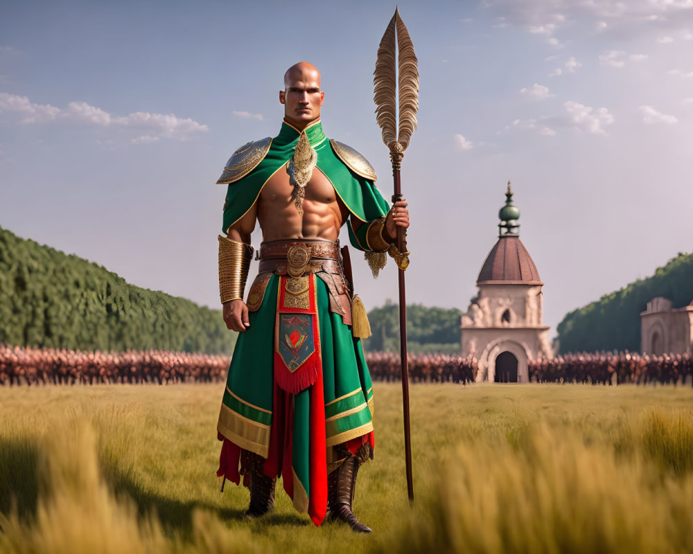 Bald Warrior in Green and Red Armor with Spear and Castle Background