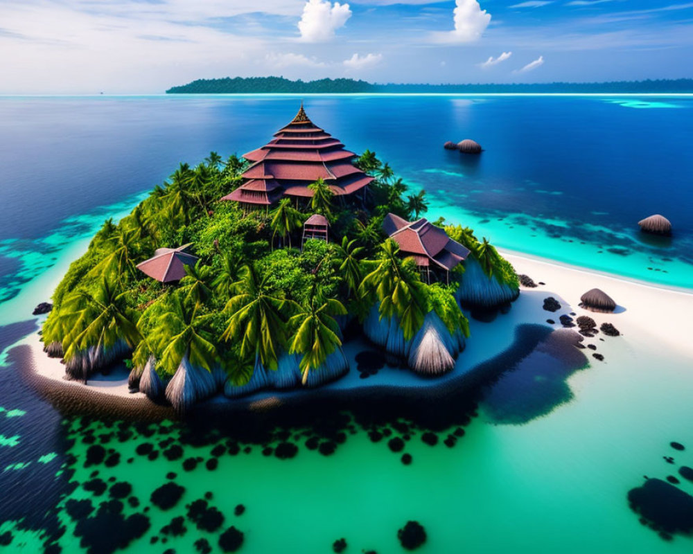 Tropical Island Aerial View with Greenery, Thatched-Roof Huts, and Tur