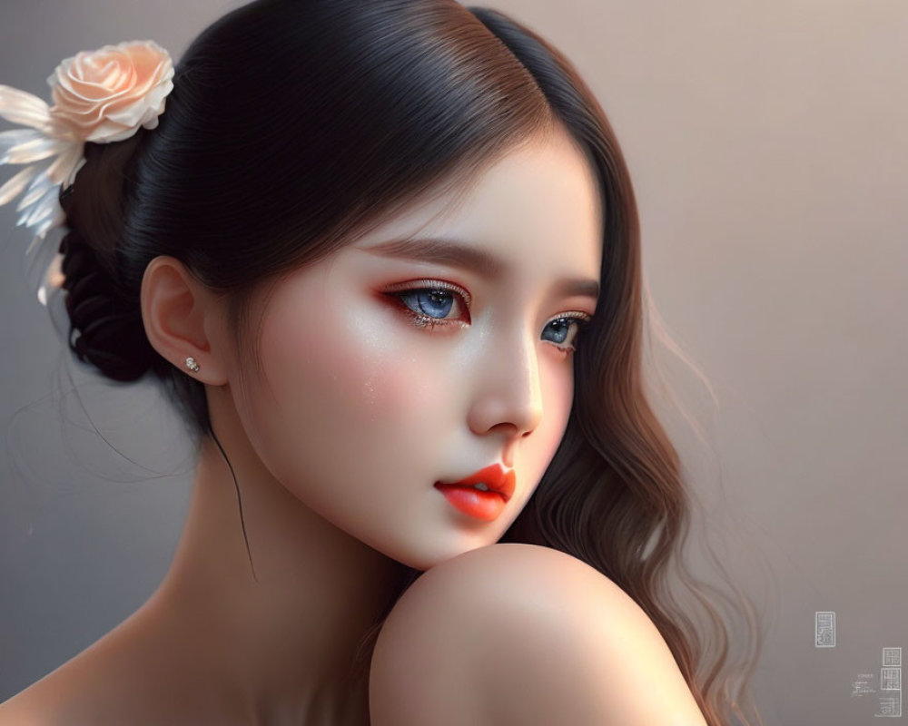 Detailed Digital Art Portrait of Woman with Flower in Hair