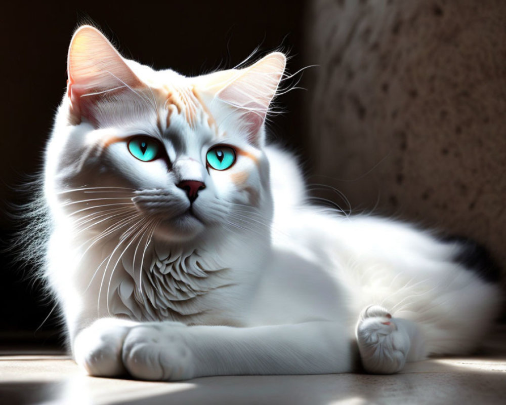 White Cat with Striking Blue Eyes Lounging in Sunlit Spot
