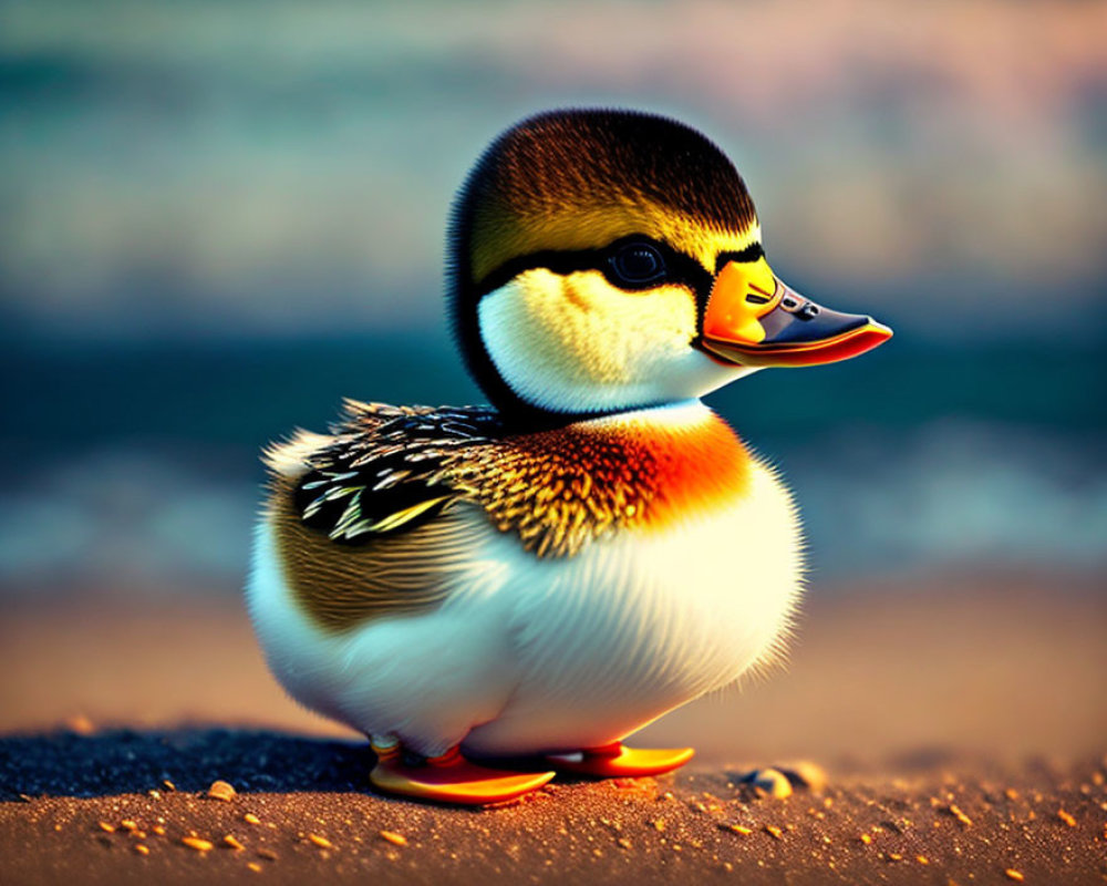 Colorful Duckling on Sandy Beach at Twilight with Soft Waves
