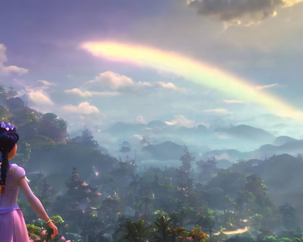 Animated princess admires rainbow over mystical landscape with pagoda-style buildings, mountains, and blooming flowers