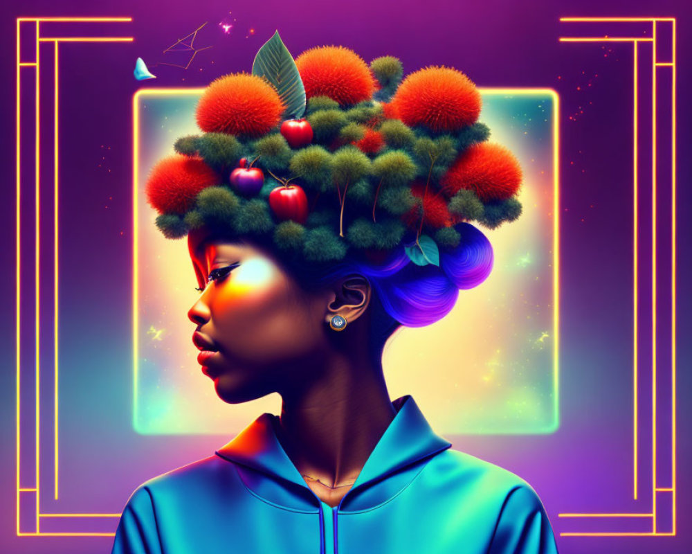 Colorful Afro Woman Profile with Nature Theme on Neon Cosmic Background