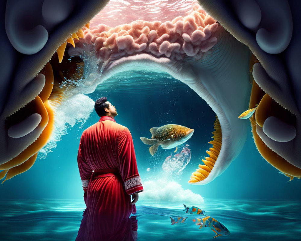 Person in Red Robe Observing Giant Fish in Surreal Underwater Scene