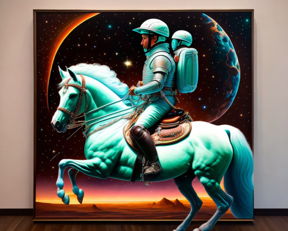 Astronaut on Celestial Horse in Cosmic Landscape