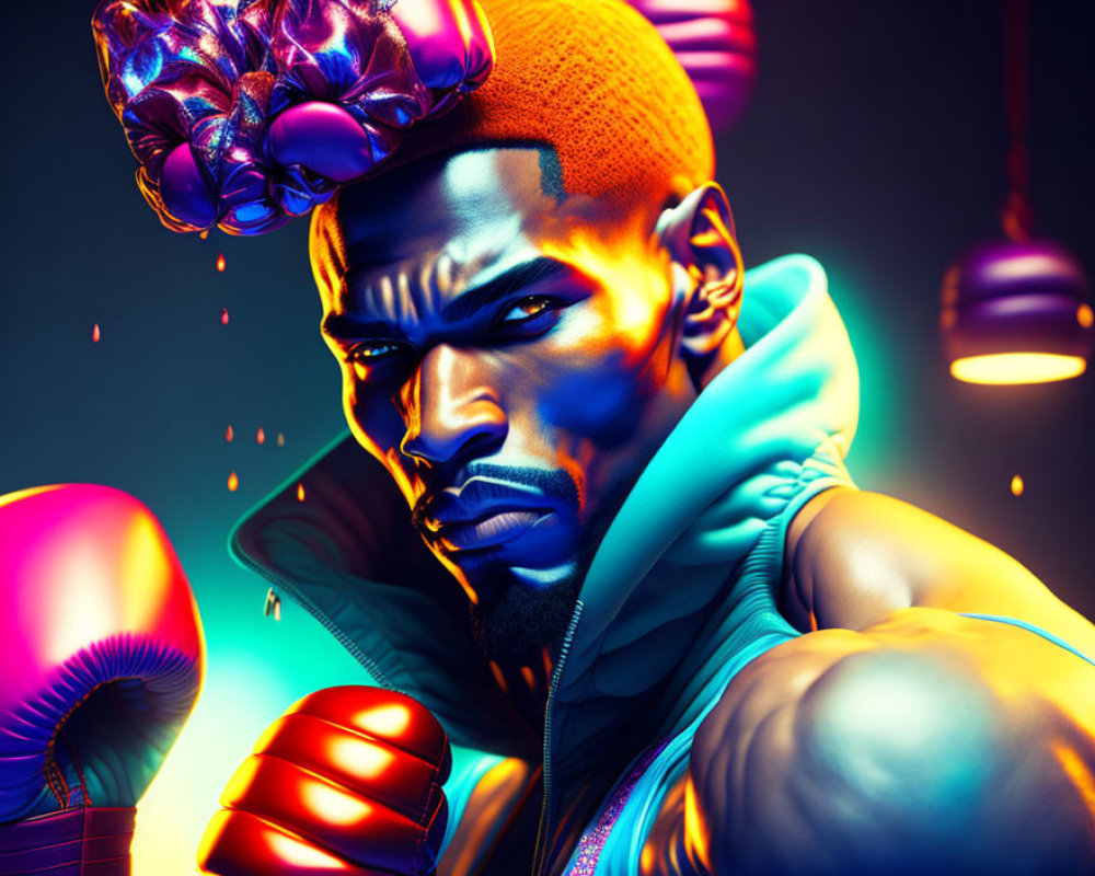Stylized boxer with blue skin in vibrant digital artwork