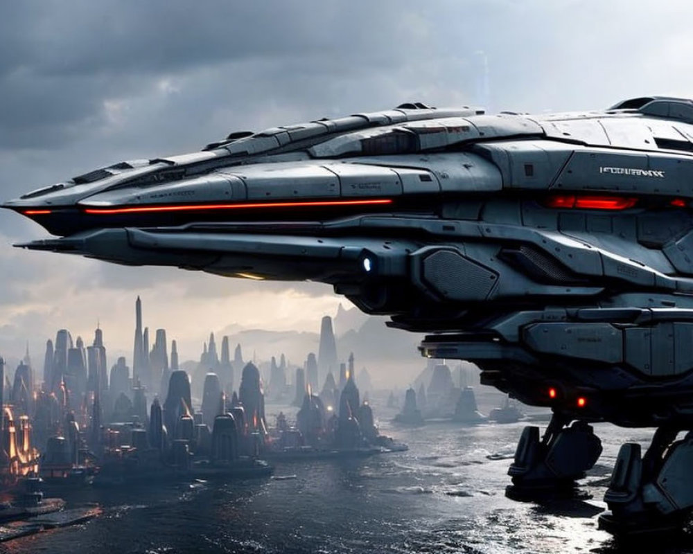 Futuristic spacecraft flying over stormy cityscape