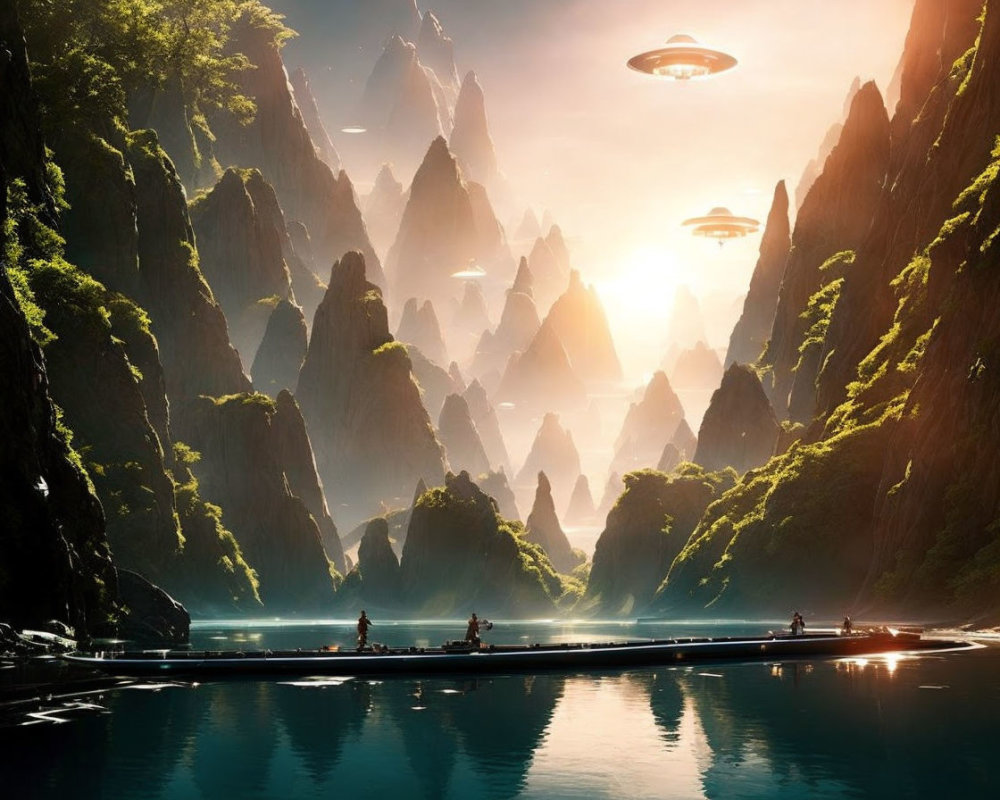 Tranquil river landscape with cliffs, boats, and flying saucers