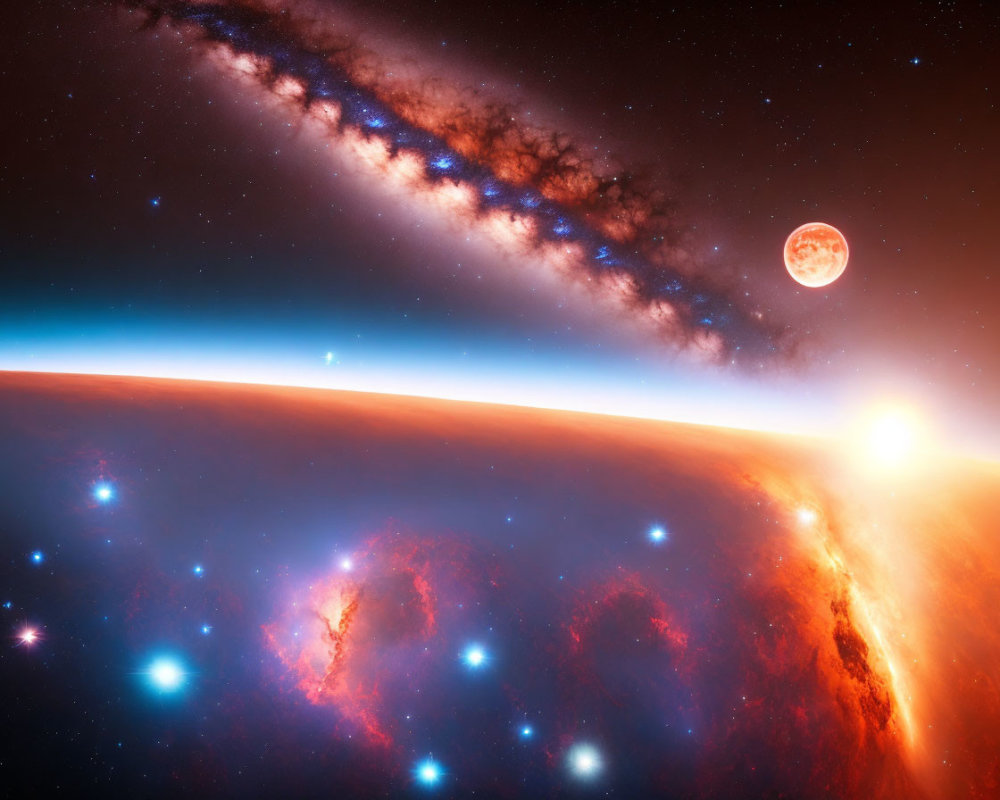 Fiery planet, glowing sun, moon, and galaxy in vibrant space scene