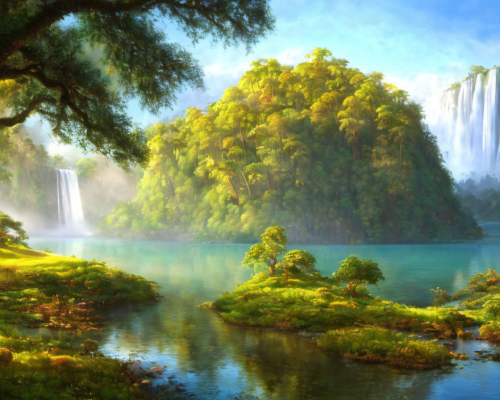 Tropical island with towering waterfalls and turquoise lake