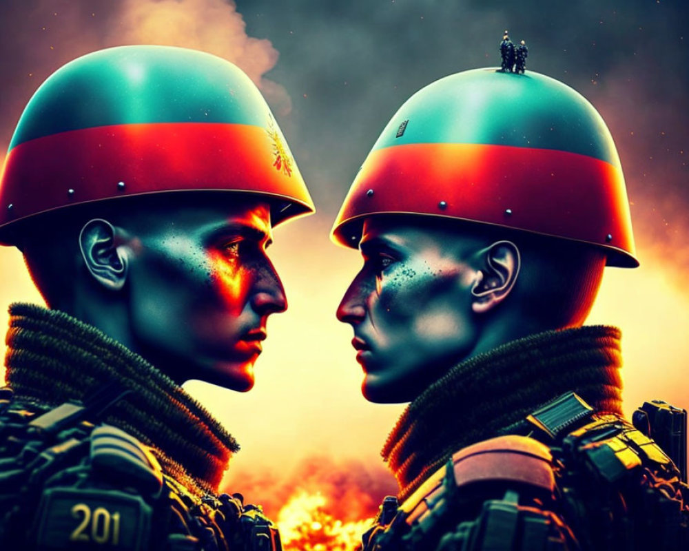 Futuristic soldiers in dramatic confrontation against fiery backdrop