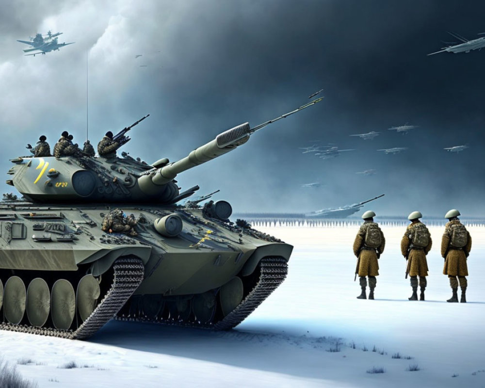 Digital scene: soldiers in historical uniforms with tank in snowy field, aircraft in cloudy sky