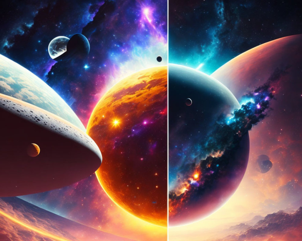 Colorful digital artwork of cosmic scene with planets, stars, and nebulae in warm and cool
