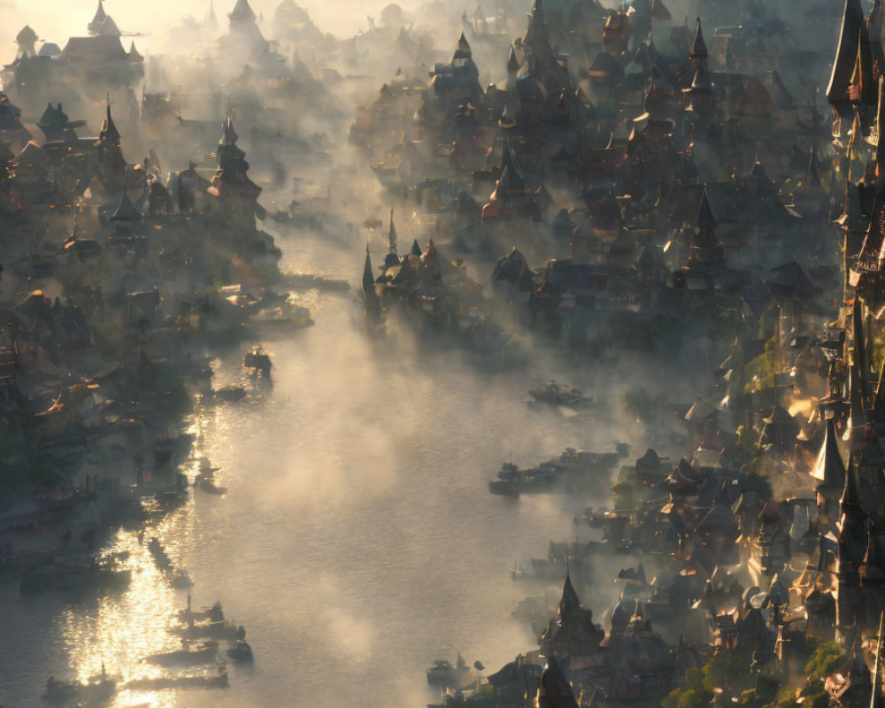 Mystical cityscape at sunrise with spired buildings and river