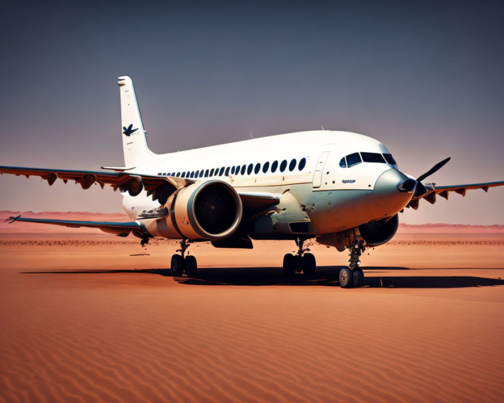 Propeller commercial airplane parked in sandy desert