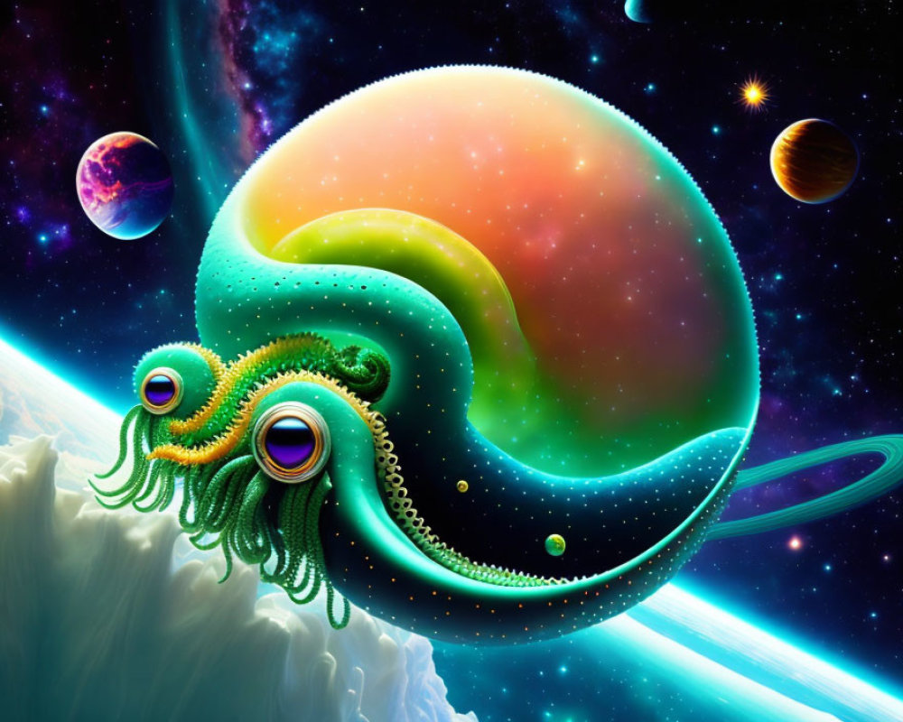 Colorful surreal artwork: Tentacled creature in space scene