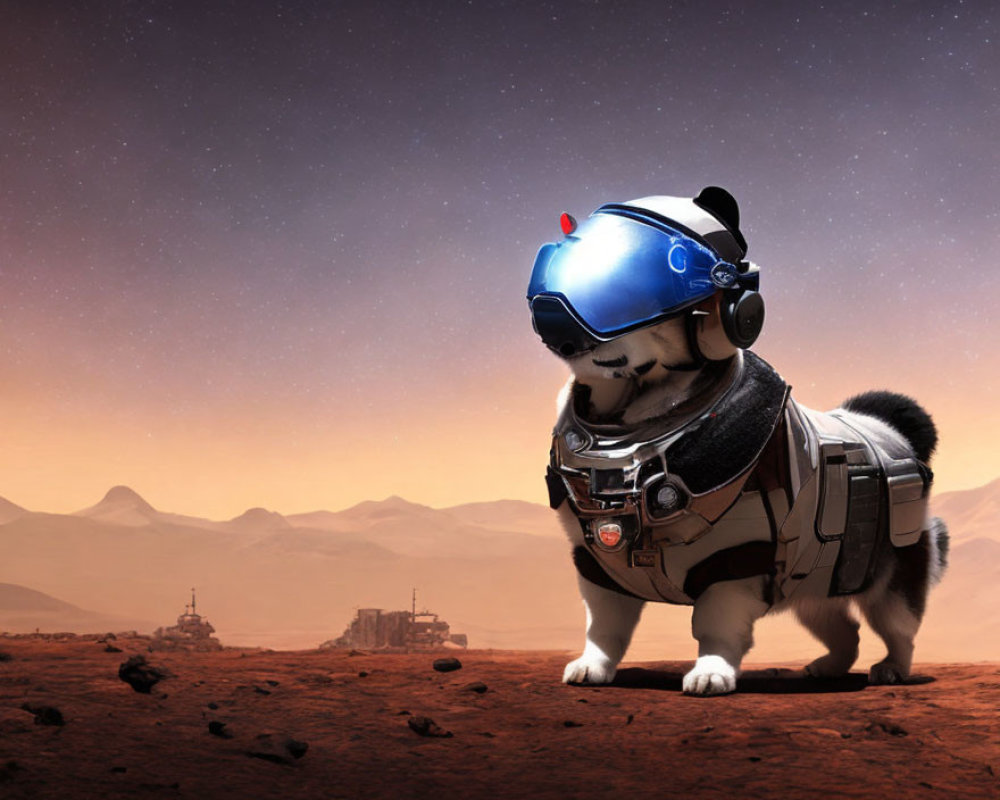 Dog in spacesuit on Mars-like surface with rover and base in background