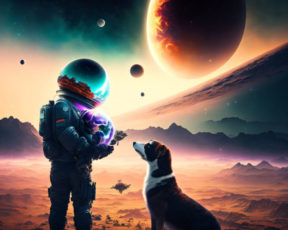 Astronaut and dog on alien planet with surreal landscape and giant planets in sky